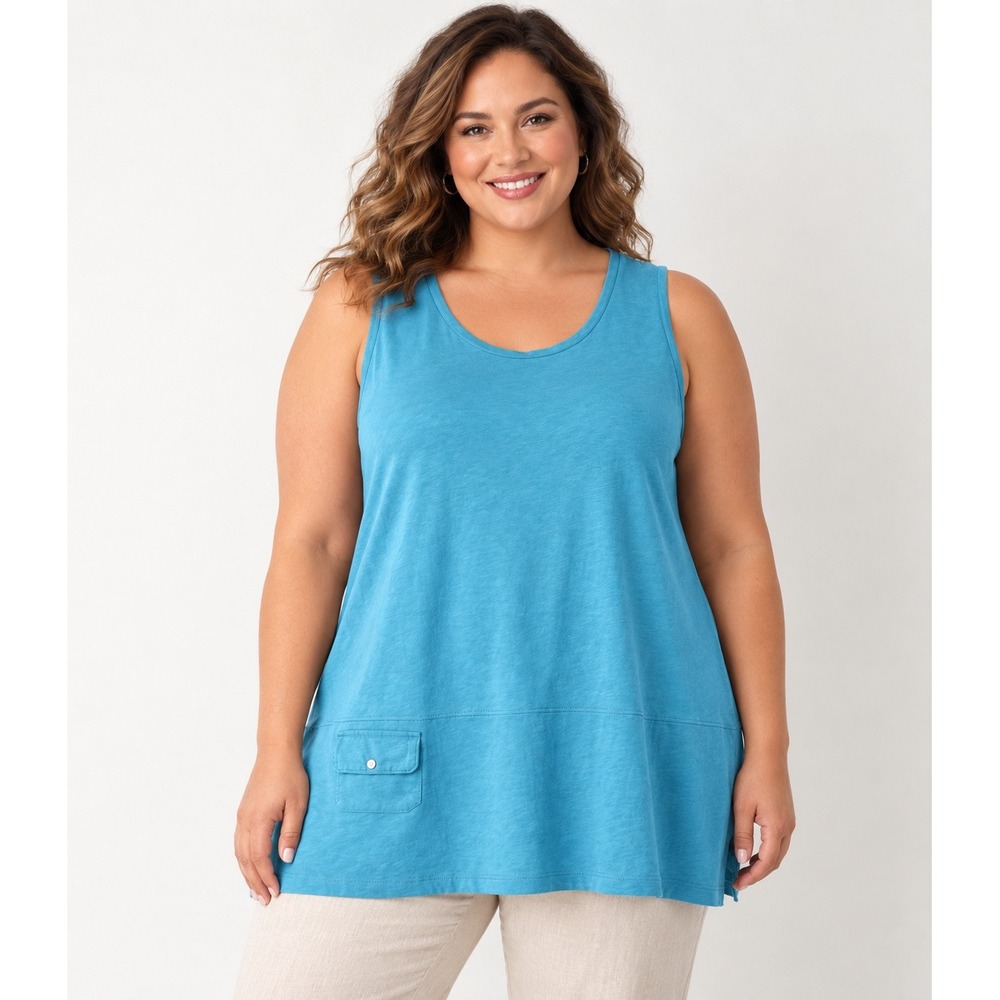 Soft Surroundings Tank Top Women Large Blue Cotton Slub Pocket Tunic Coastal